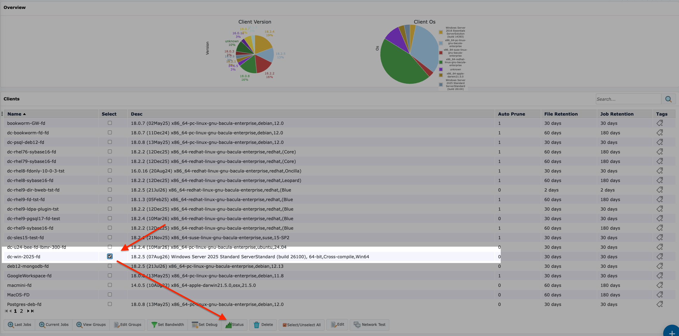 Client selected in the Clients list and the Status button.