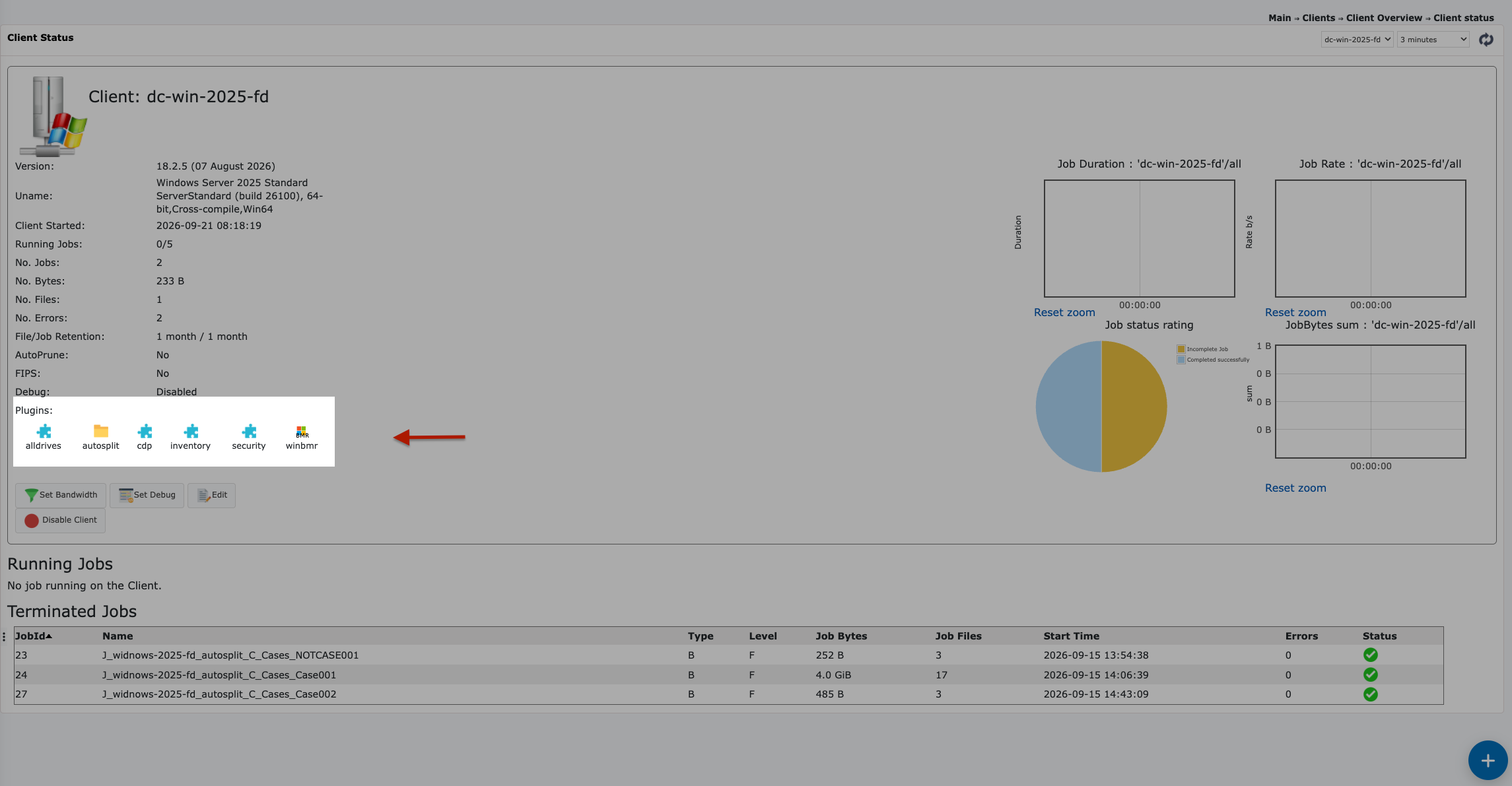 Plugins listed on the Client Status page.